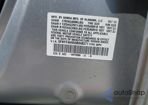 2013 Honda Pilot Touring from USA, damaged, VIN 5FNYF4H95DB048371
